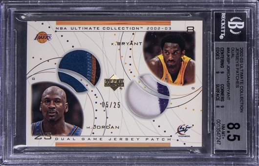 2002-03 UD Ultimate Collection "Jerseys Patches Dual" #MJ/KB-P Michael Jordan/Kobe Bryant Game Used Patch Card (#05/25) – BGS NM-MT+ 8.5